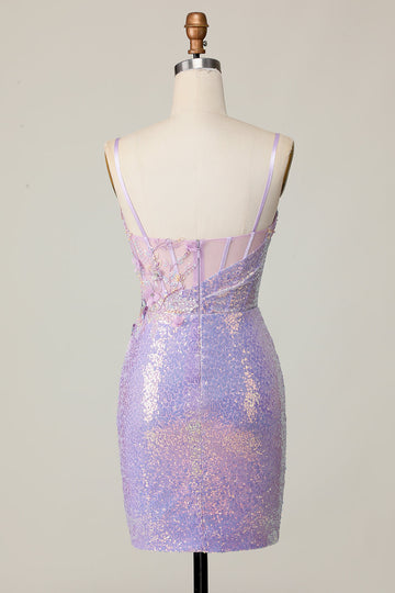 Glitrende Lilla Bodycon Korset Pailletter Homecoming Kjole med 3D Blomster